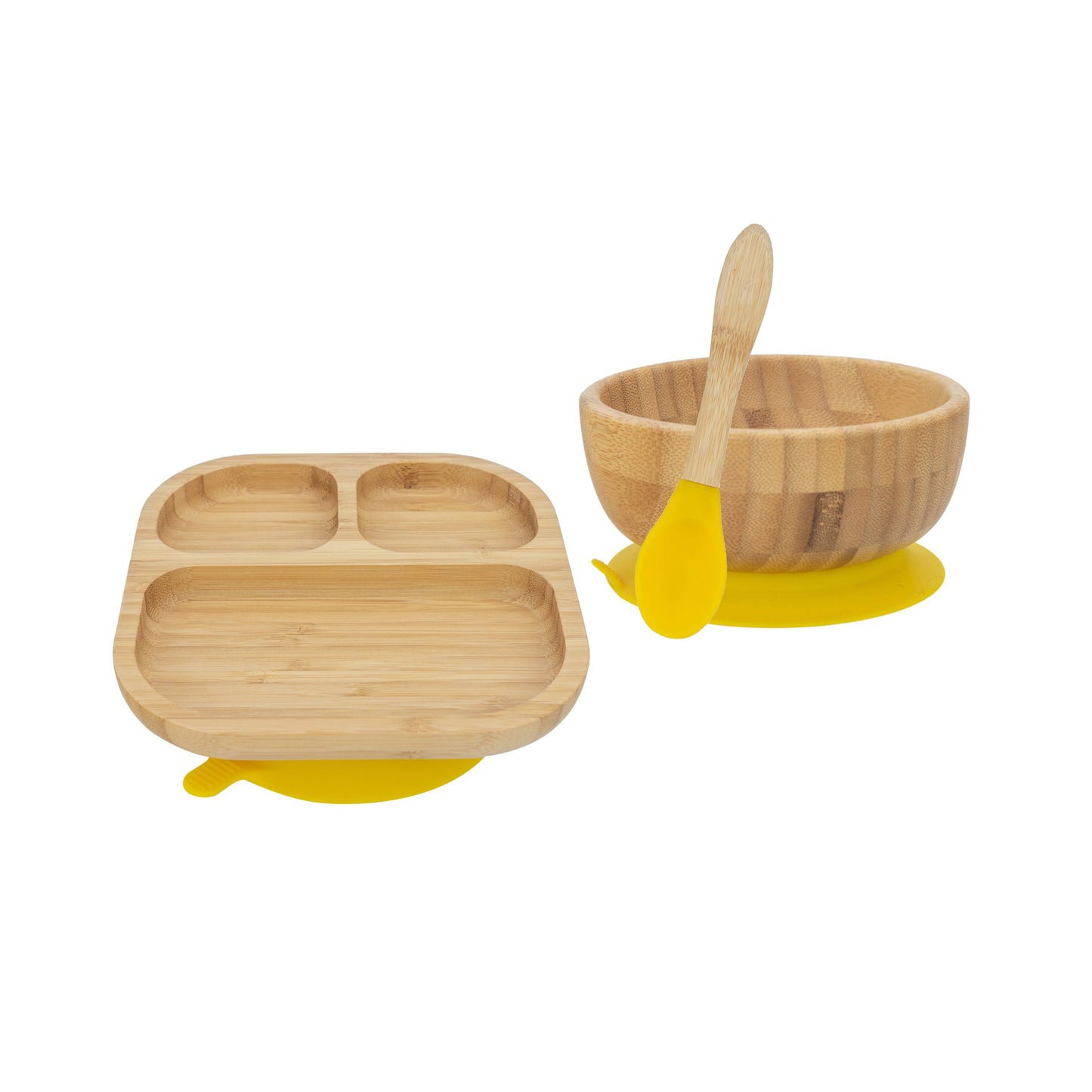 Personalised Wooden Tiny Dining Bamboo Plate, Bowl, and Spoon Set - Yellow | Babba box.