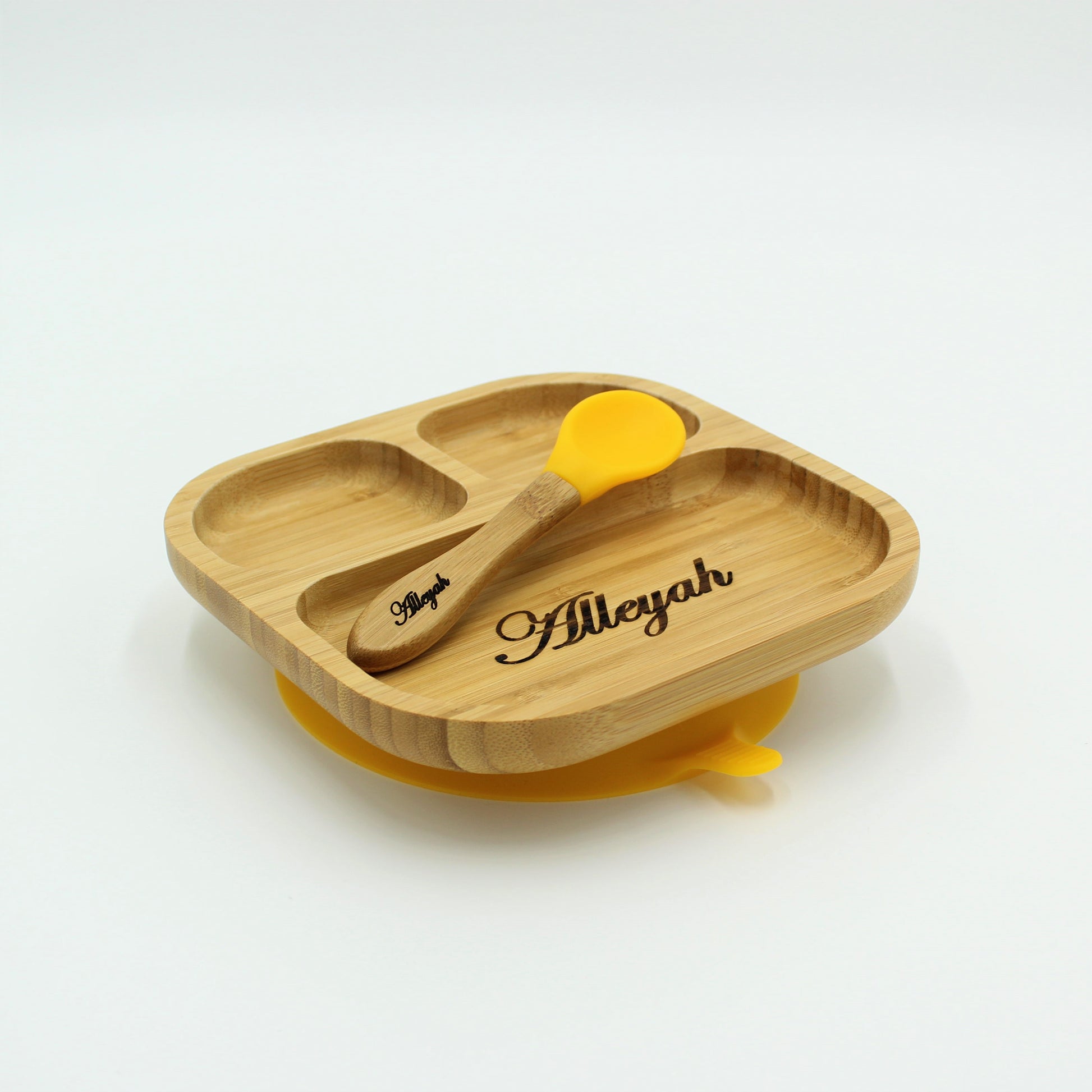 Personalised Wooden Tiny Dining Bamboo Plate with suction cup and Spoon - Yellow - By Babba Box | Babba box.