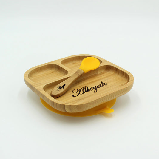 Personalised Wooden Tiny Dining Bamboo Plate with suction cup and Spoon - Yellow - By Babba Box | Babba box.